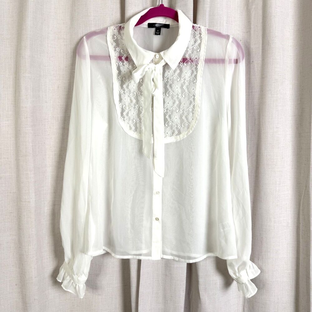 white victorian romantic lace bib blouse tie neck sheer chiffon m by fair child